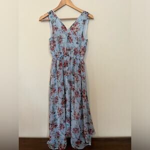 Likely floral V neck handkerchief hem sleeveless boho feminine midi dress